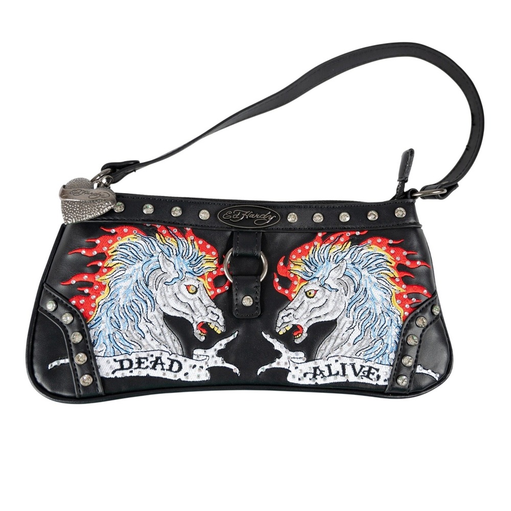 Ed Hardy Shoulder Bag Purse Womens Black Excellent Dead or Alive Horse Y2K Bling